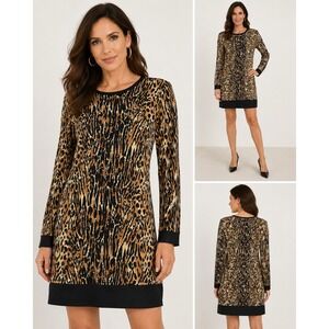 Cache Leopard Print Dress Long Sleeve Black Trim Party Cocktail Size 4
